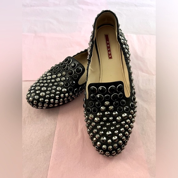 PRADA Studded Crystals Black Leather Slip On Smoking Loafers Flats Shoes Sz 38 - Picture 10 of 10